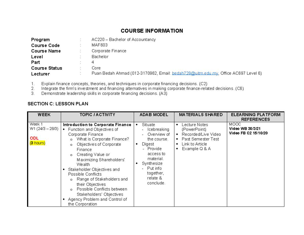 MAF603 Corporate Finance Lesson Plan and Course Overview - Studocu