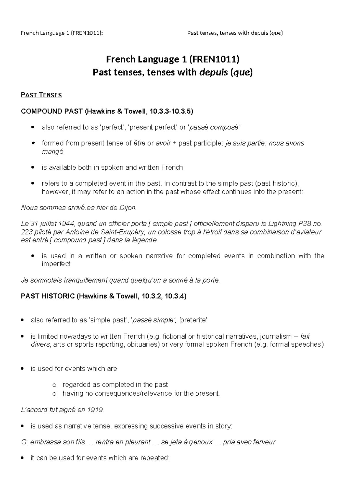 French Language 1 (FREN1011): Summary of Past Tenses and Exercises ...