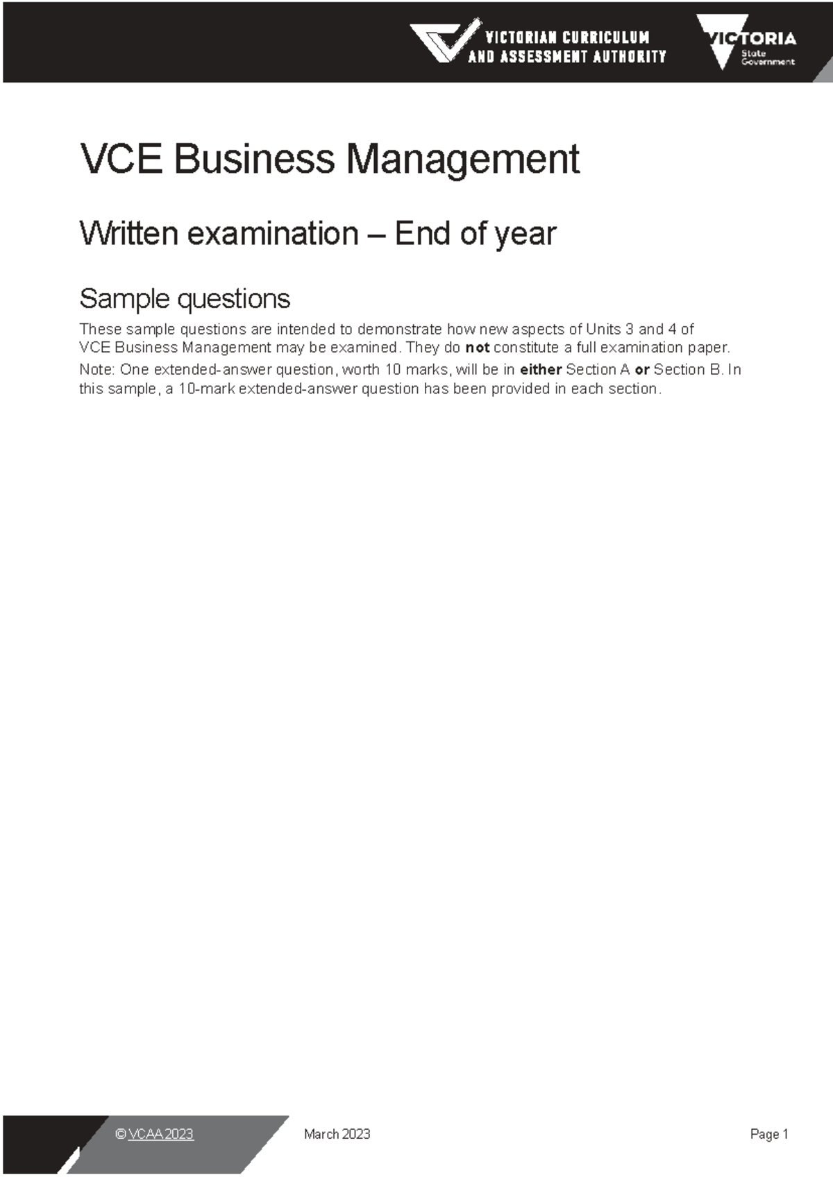 VCE Business Management (BUSMAN) End of Year Sample Exam Questions ...