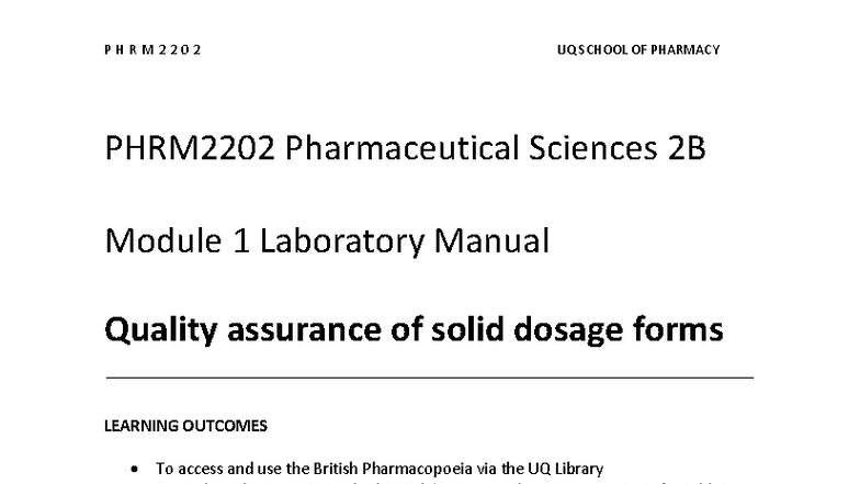 PHRM2202 Pharmaceutical Sciences 2B Module 1 Lab Manual: Quality ...