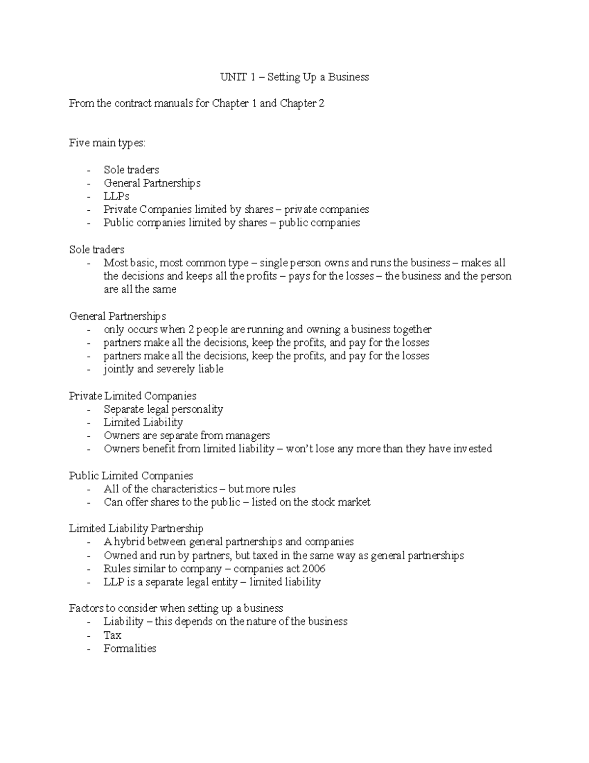 BUS 101: Unit 1 - Setting Up a Business Overview and Types - Studocu