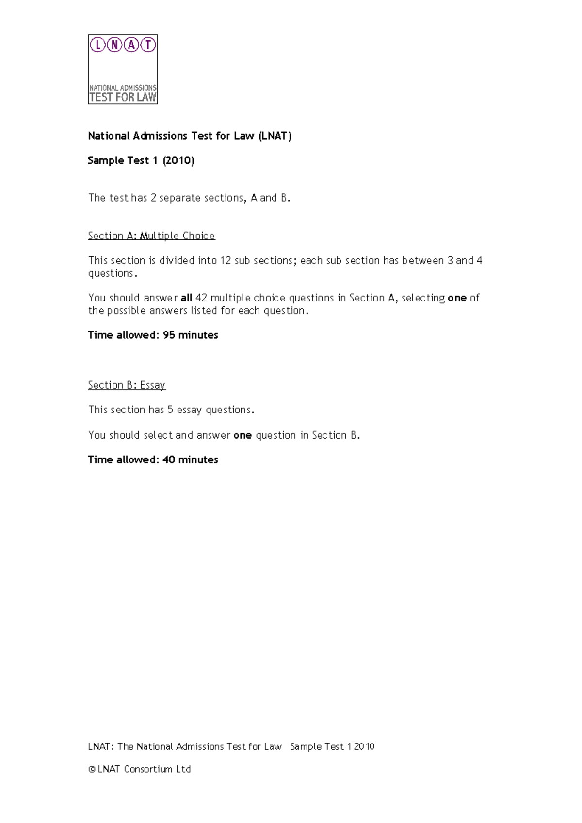 LNAT Practice Test 2010: Sample Questions and Analysis - Studocu