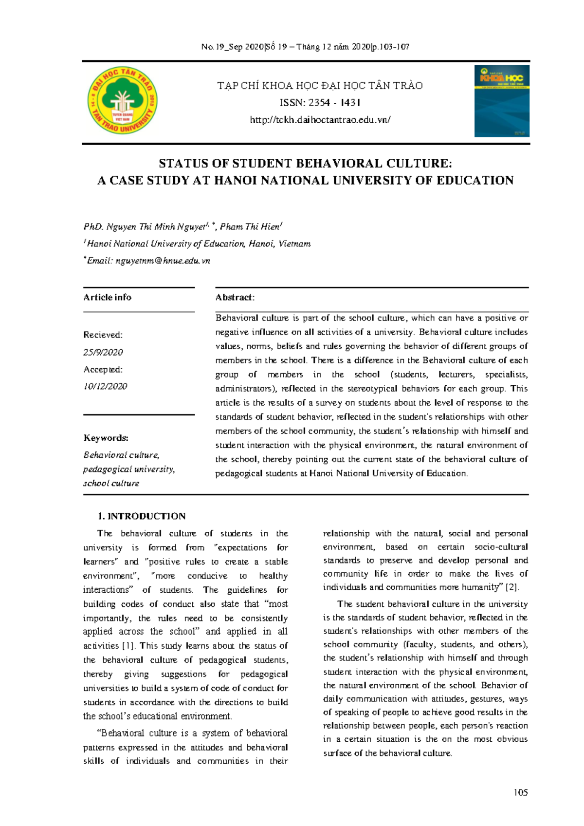 Status of Student Behavioral Culture: A Case Study at HNUE (EDU 101 ...