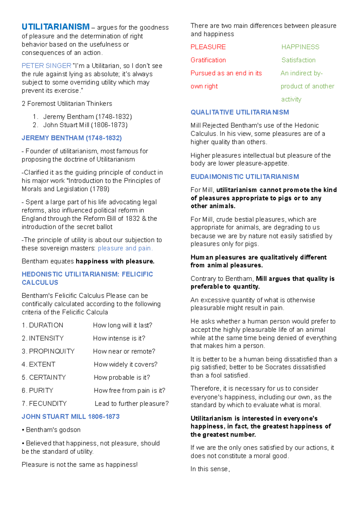 Ethics Midterm Exam Study Notes: Utilitarianism & Natural Law - Studocu