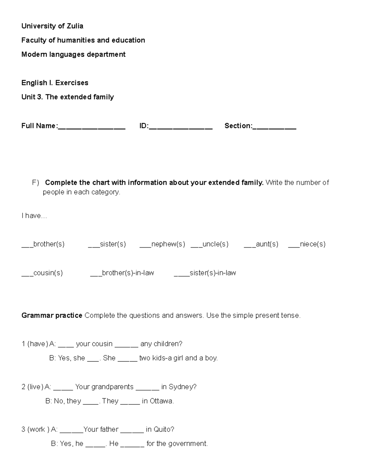 English I (Unit 3) Exercises: The Extended Family & Simple Present ...