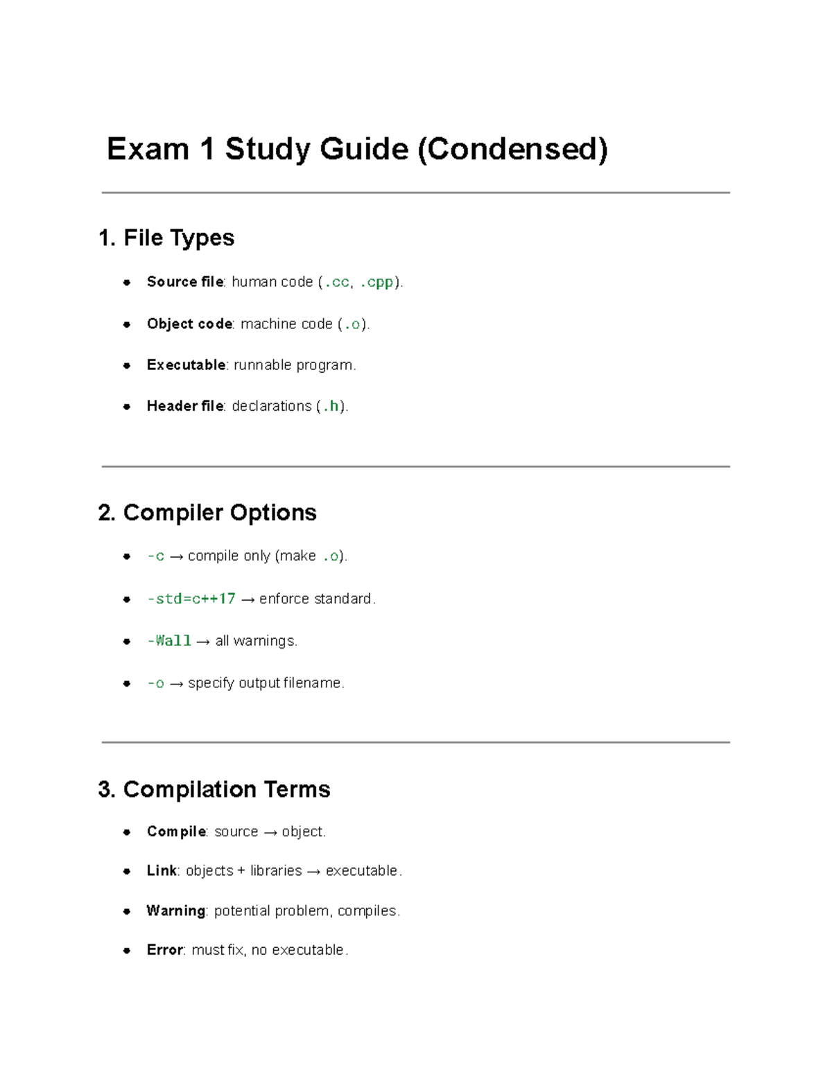 C++ Programming Exam 1 Study Guide (Condensed) - Studocu