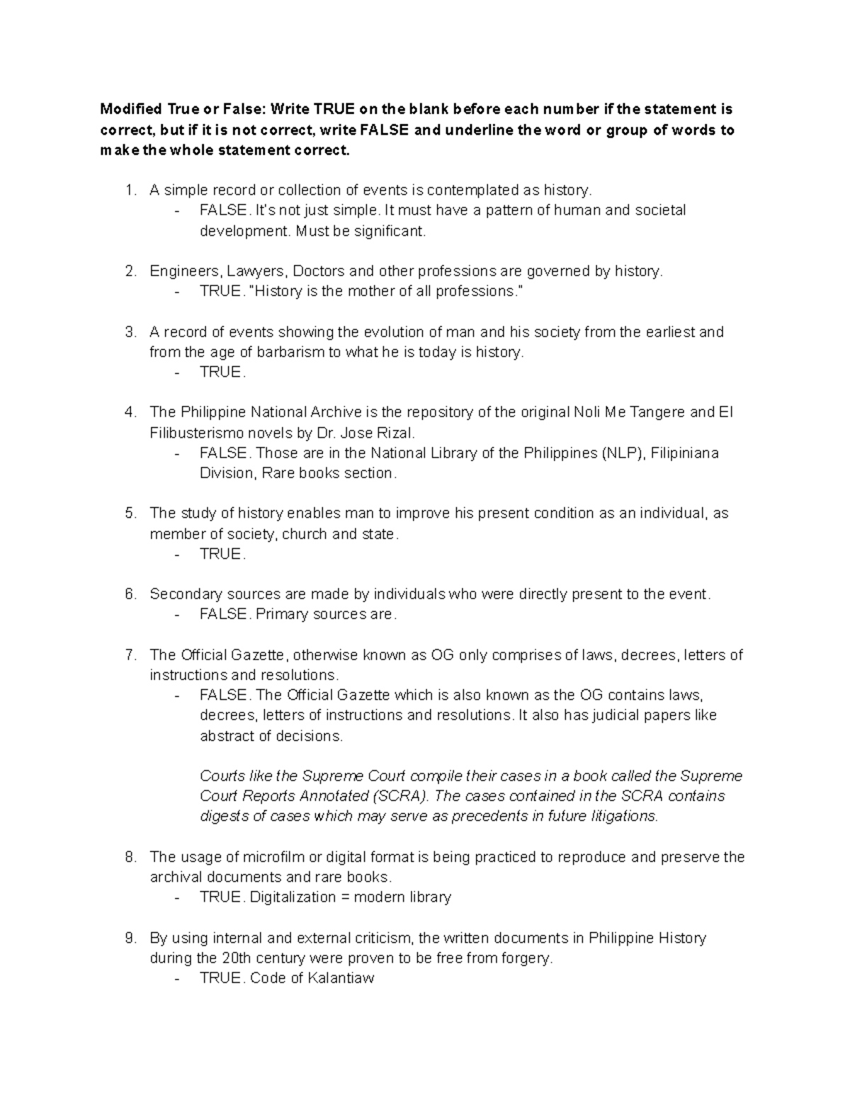 Modified True or False: History Concepts and Sources (PH 101) - Studocu