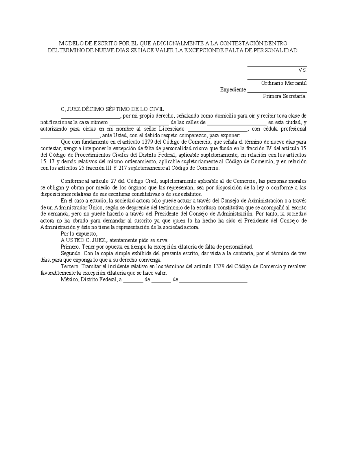 Modelo de Escrito para Oponer Excepción de Falta de Personalidad - Studocu
