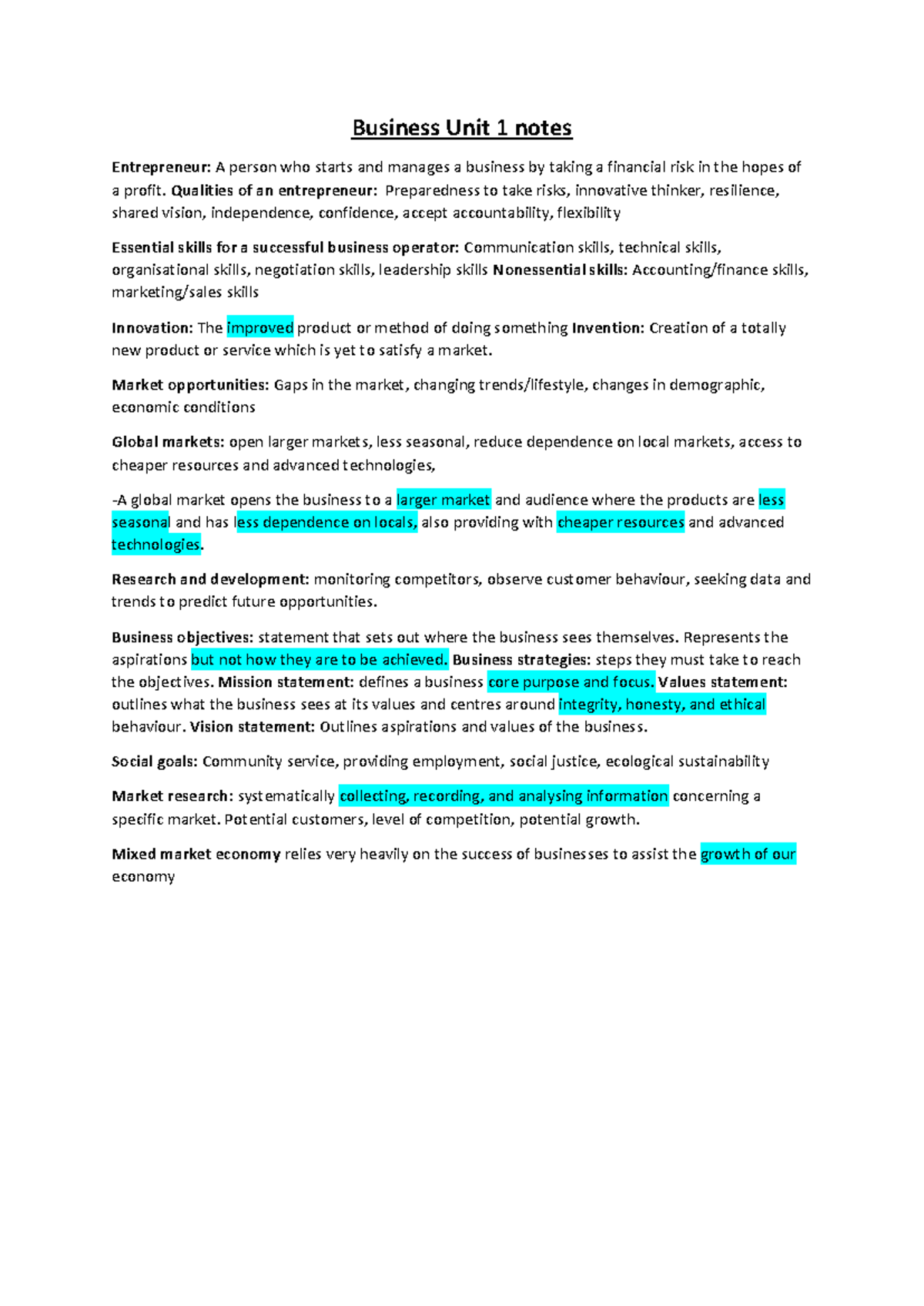Business Notes: Unit 1 - Understanding Entrepreneurship and Market ...