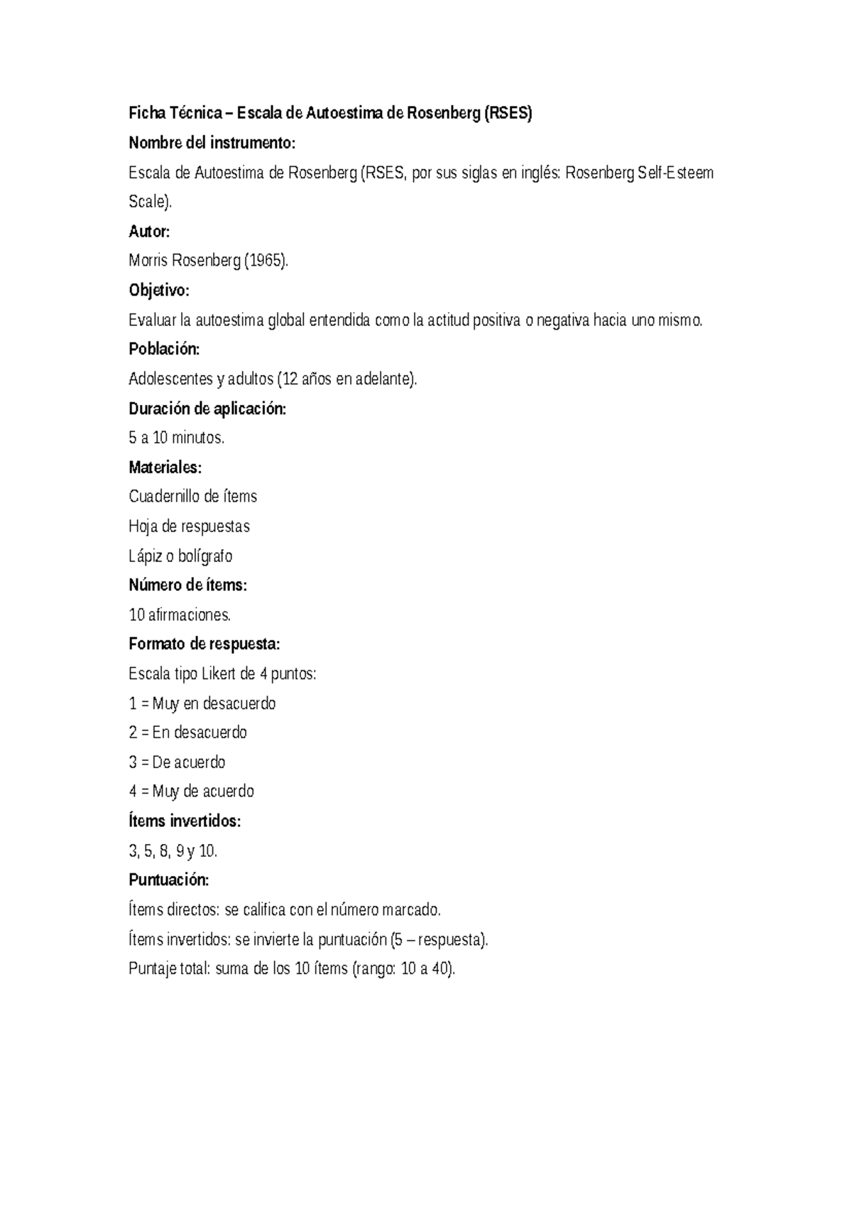 Ficha Técnica: Escala de Autoestima de Rosenberg (RSES) - Studocu