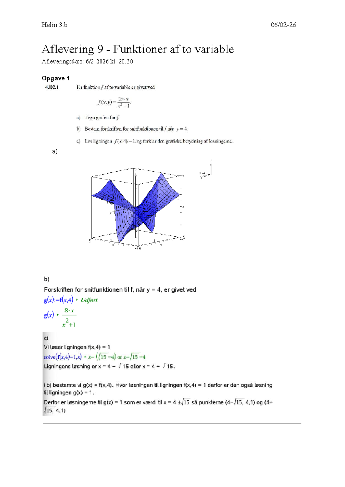 Aflevering 9 - Funktioner af to variable - Matematik - Aflevering 9 ...