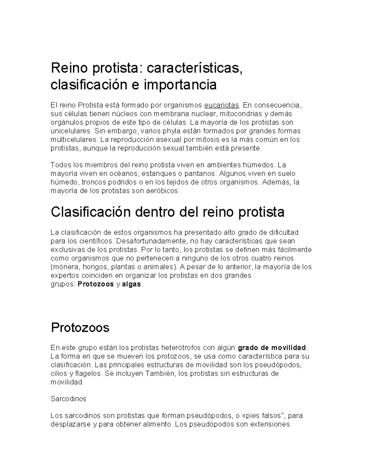 Clasificación del Reino Protista: Características y Tipos - Studocu