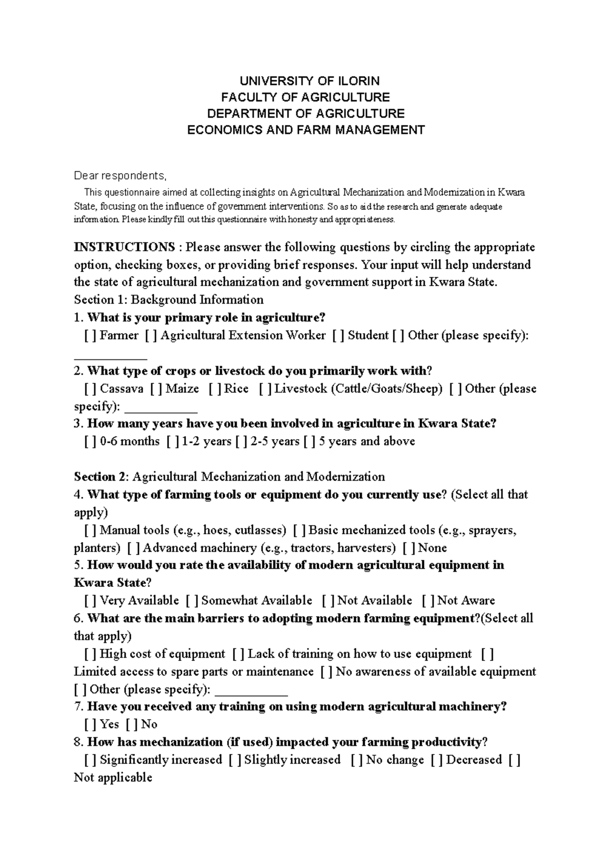 AGRIC 101: Questionnaire on Agricultural Mechanization in Kwara State ...