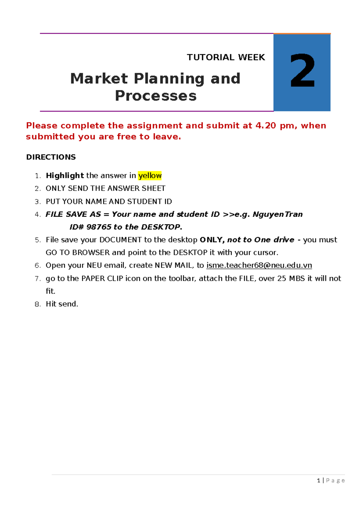 2 week Marketing Strategy Student - TUTORIAL WEEK Market Planning and ...