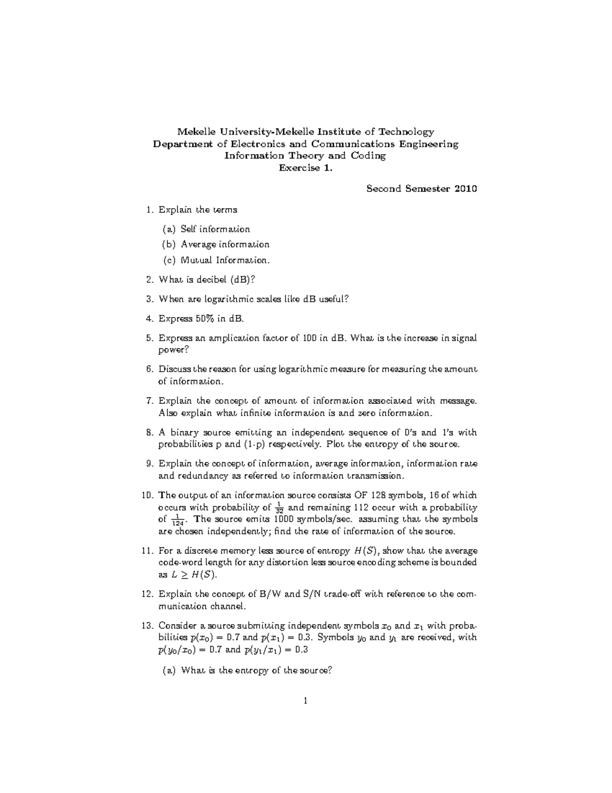 ITC 201: Exercise 1 on Information Theory & Coding - Studocu