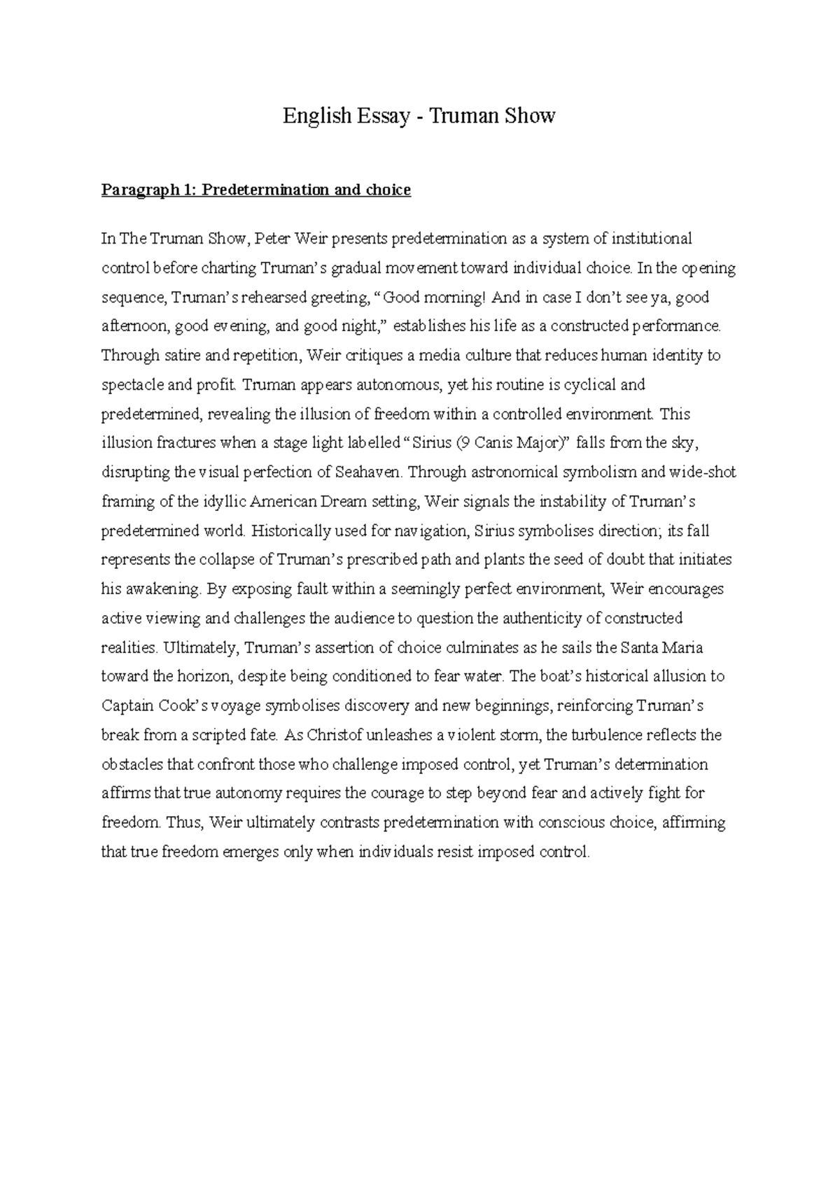 English Essay (ENG101) - Predetermination vs. Choice in The Truman Show ...