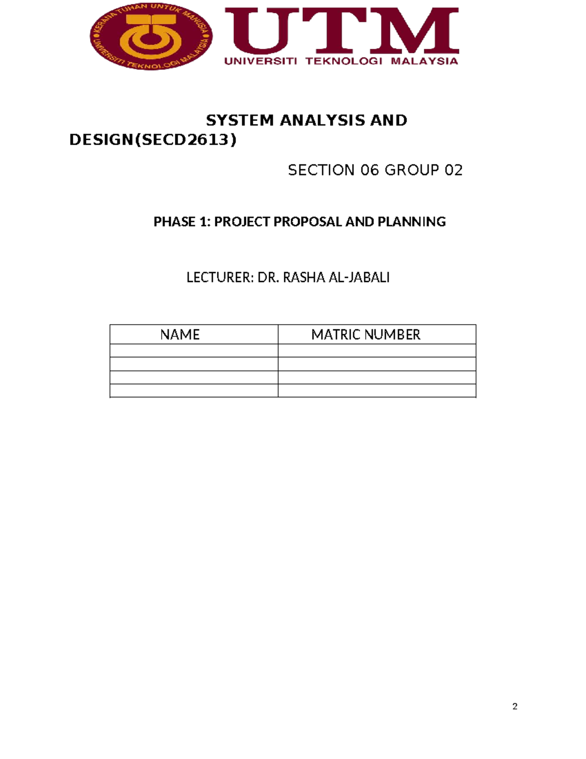 SECD2613 System Analysis & Design: Phase 1 Project Proposal - Studocu