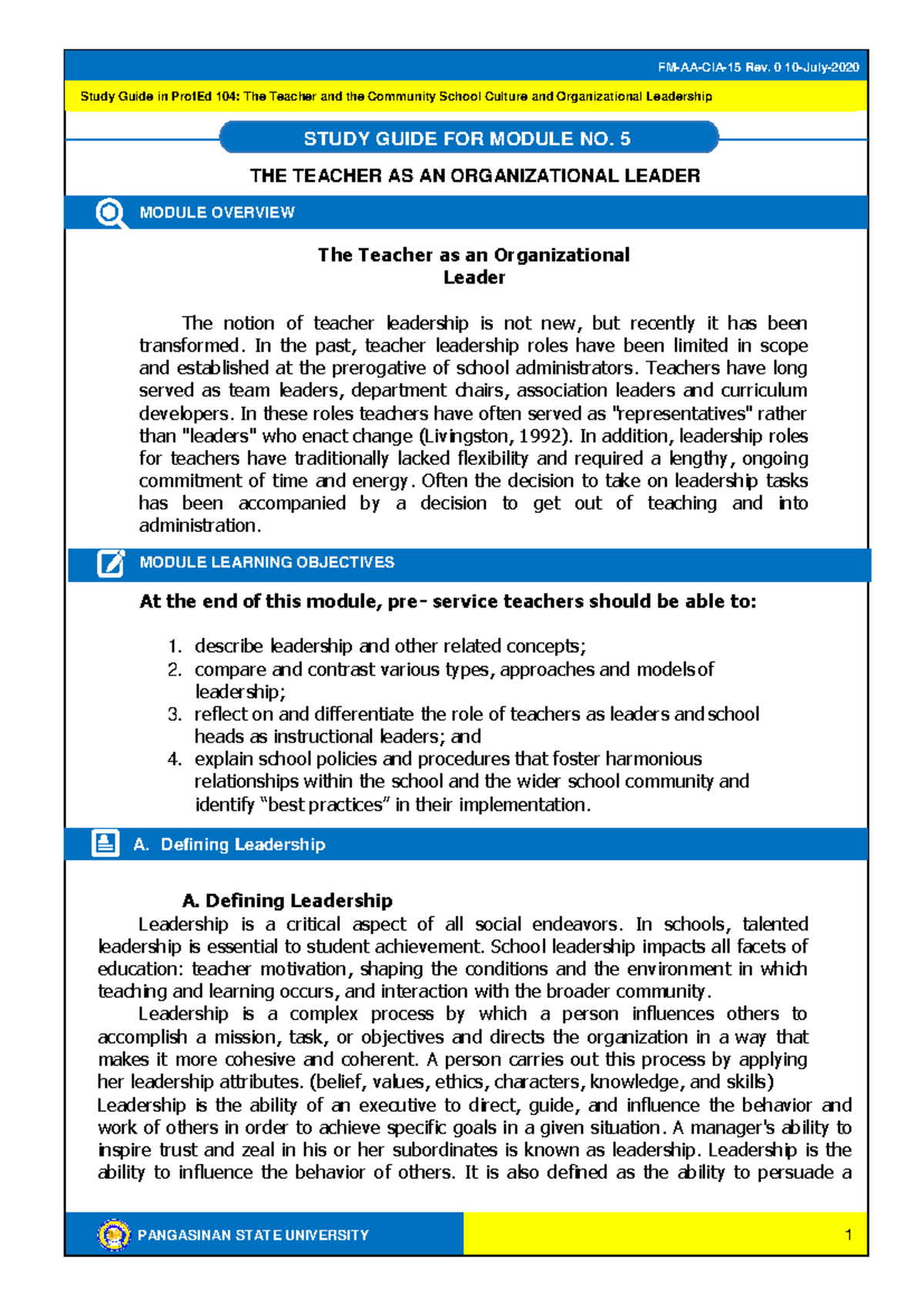 **ProfEd 104: Study Guide for Module 5 - Teacher as Organizational ...