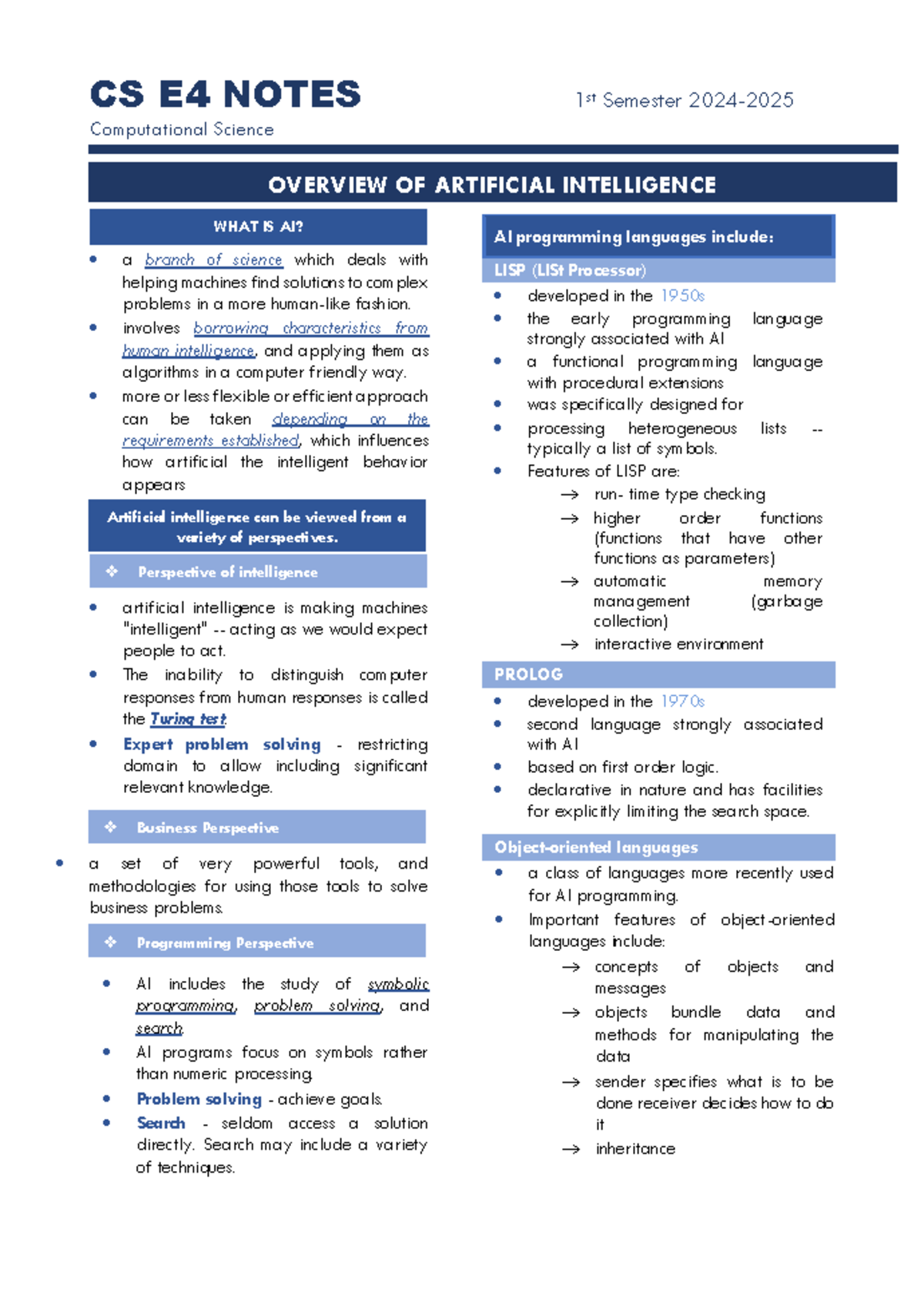 CS E4 NOTES: 1st Semester Overview of Artificial Intelligence - Studocu