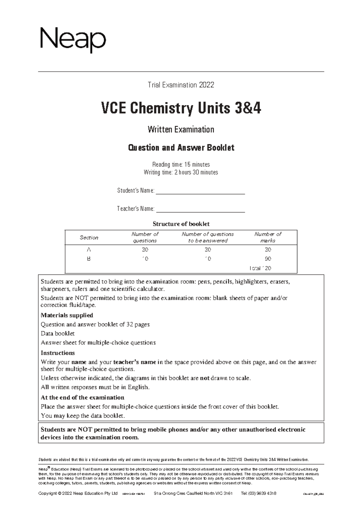 VCE Chemistry Units Trial Exam 2022: Question & Answer Booklet - Studocu