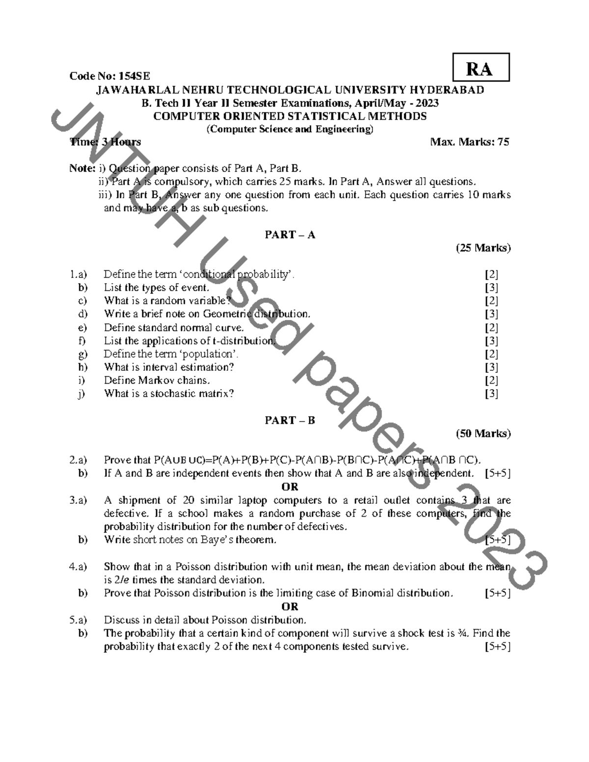 Computer Oriented Statistical Methods - RA 154SE - B.Tech II Year II ...