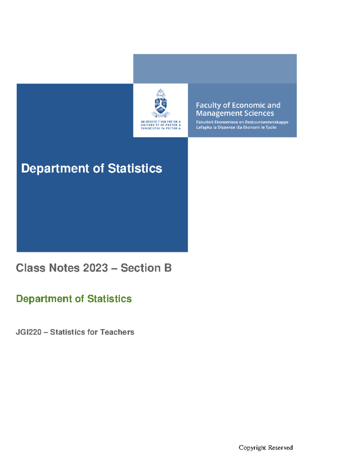 JGI220 - Statistics for Teachers Class Notes B (2023-2024) - Studocu