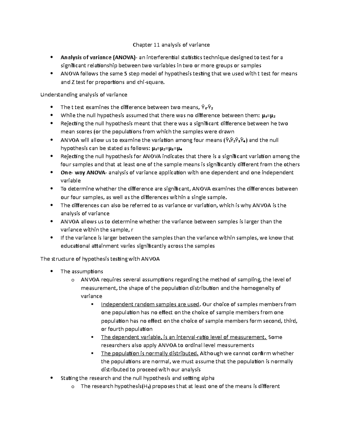 Chapter 11: Analysis of Variance (ANOVA) Overview & Applications - Studocu