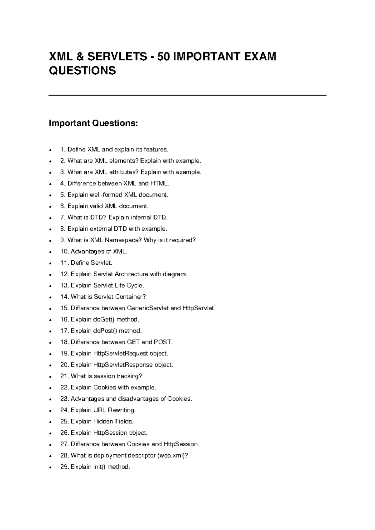 XML SERVLETS: 50 IMPORTANT EXAM QUESTIONS (CS101) - Studocu