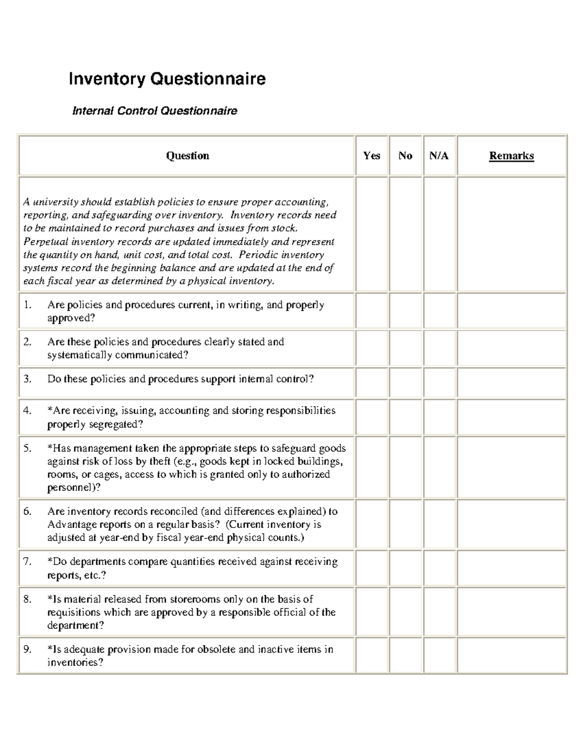 Inventory Internal Control Questionnaire ICQ 2: Assessment and Risks ...