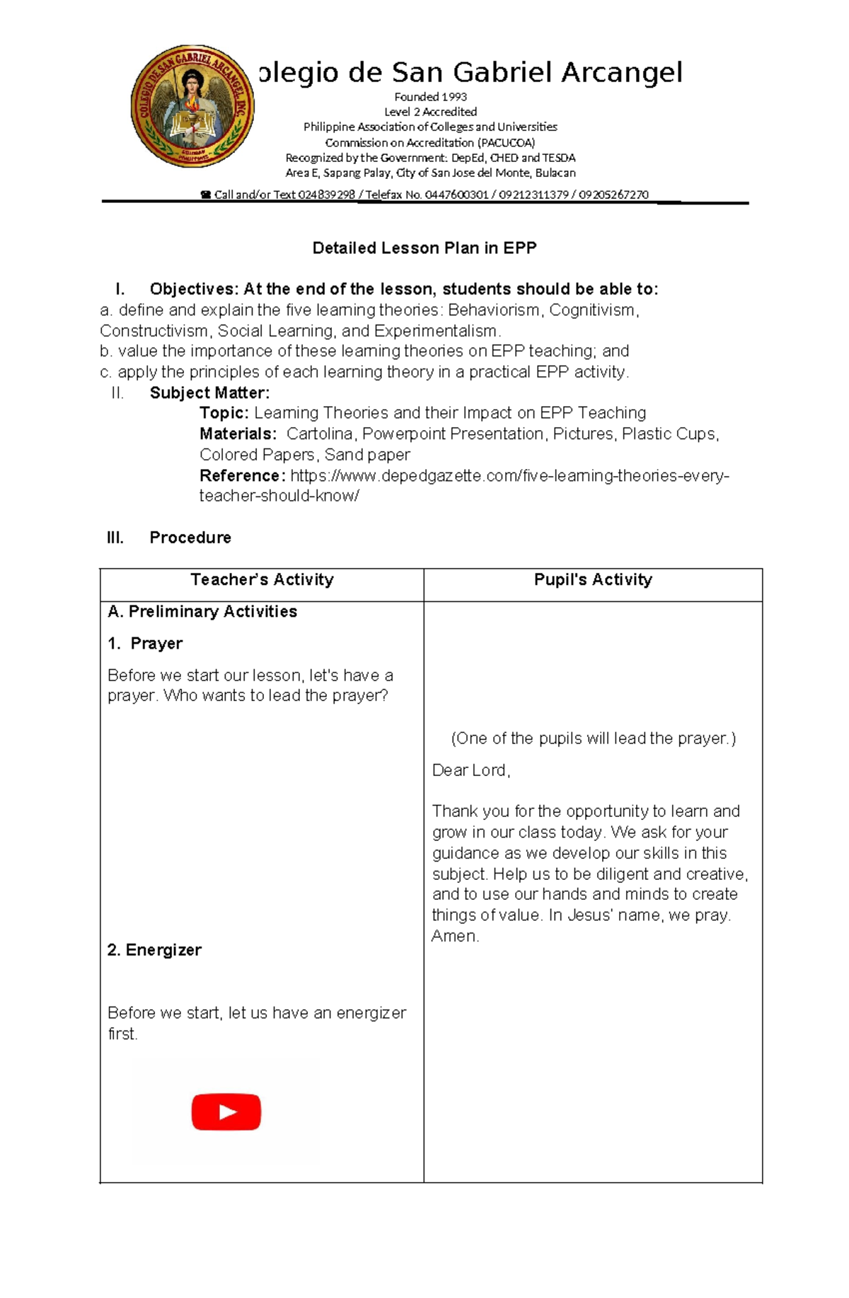 EPP Learning Theories: A Detailed Lesson Plan (Group 2 DLP) - Studocu