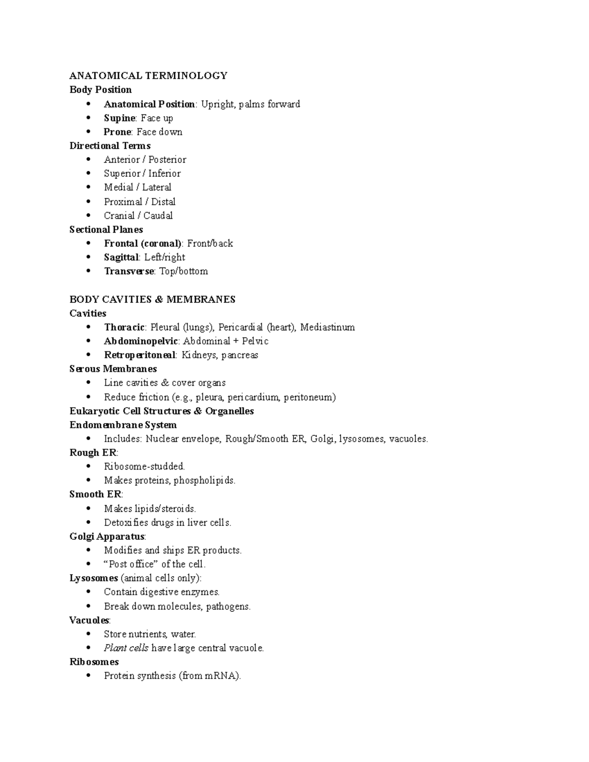 ANAT 101: Anatomical Terminology & Eukaryotic Cell Structure Overview ...