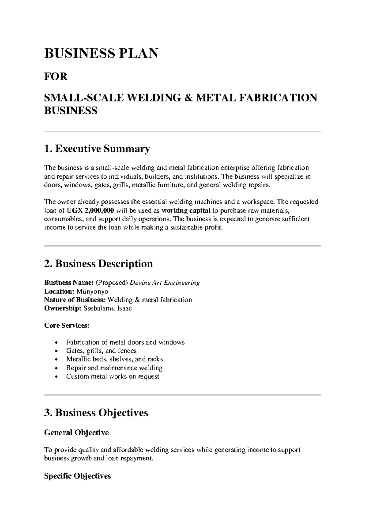 BUSINESS PLAN NOTES FOR WELDING METAL FABRICATION - Studocu
