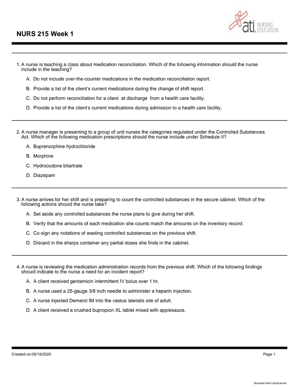 NURS 215 Week 1 ATI Practice Questions for Medication Administration ...