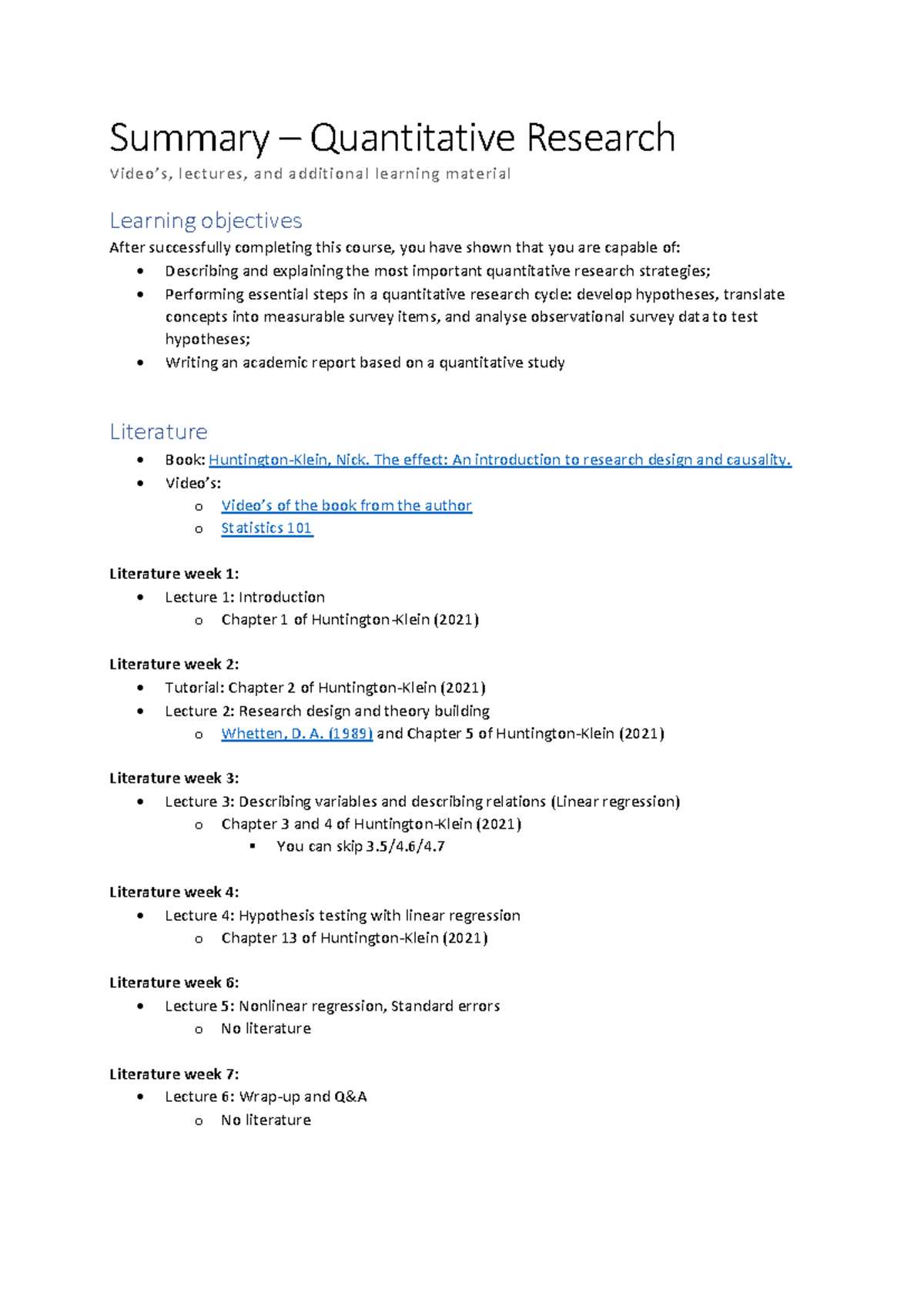 Summary - Quantitative Research (Course Code: QR101) - Studeersnel
