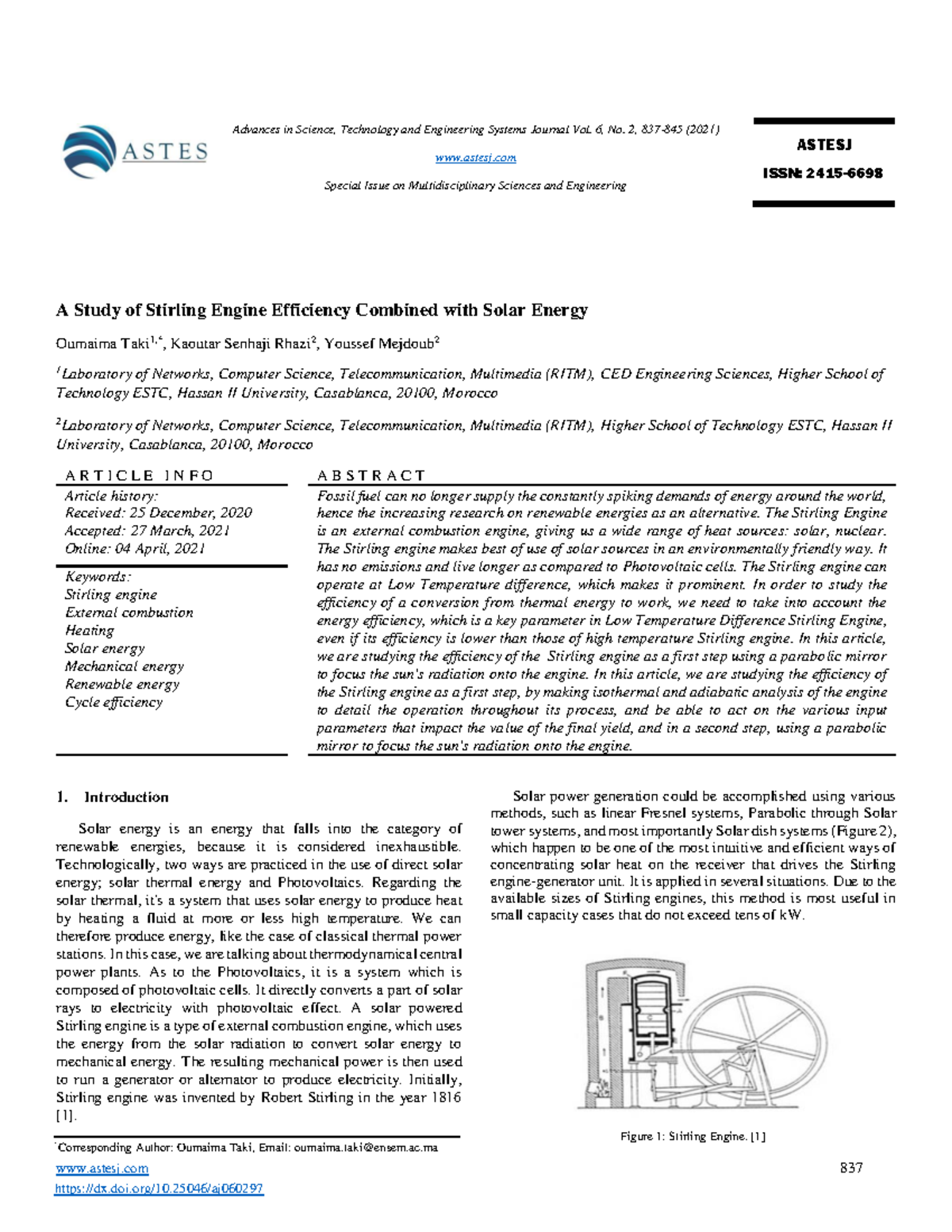 A Study of Stirling Engine Efficiency with Solar Energy Integration ...