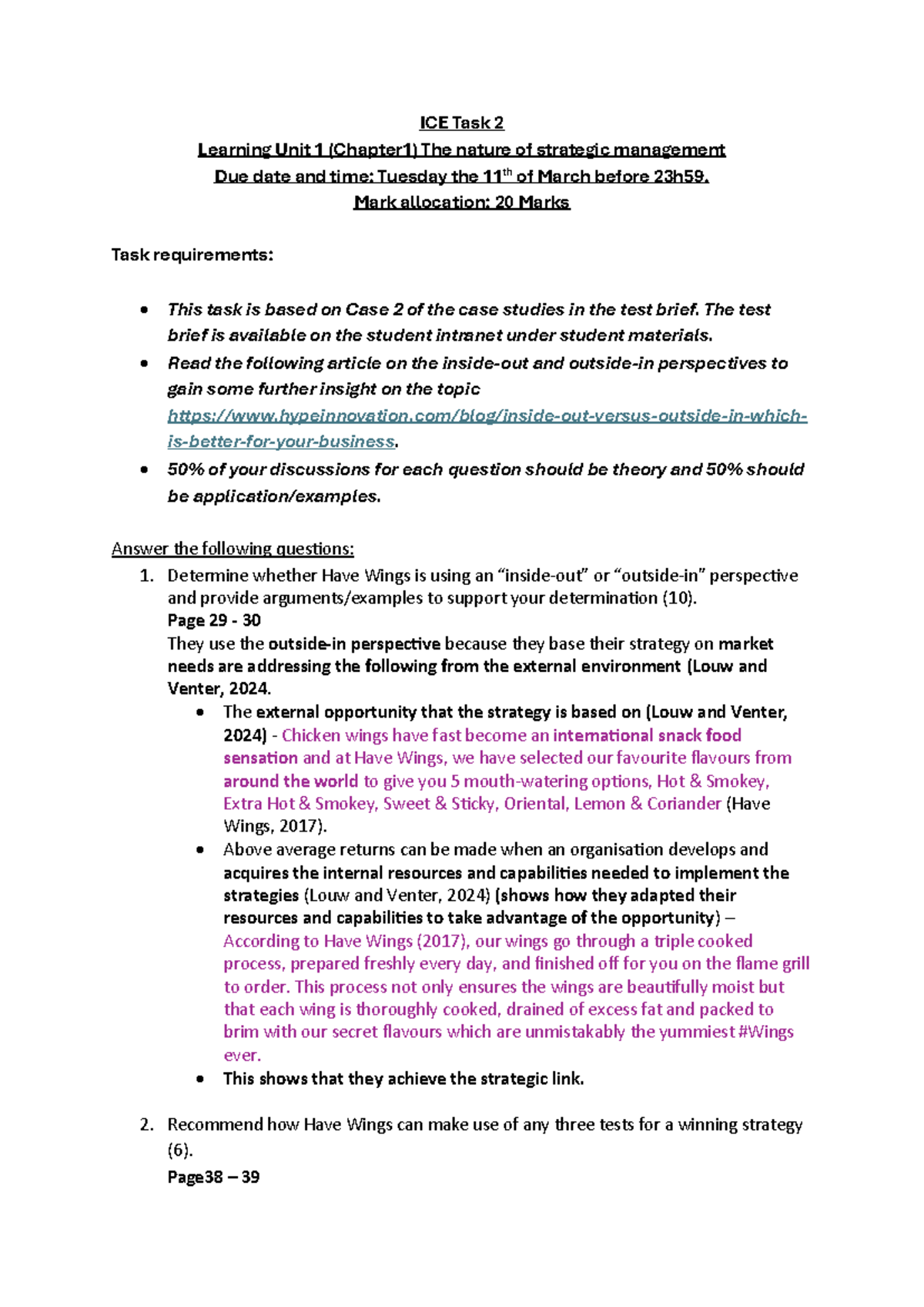 ICE Task 2 Memo: Strategic Management Insights (Chapter 1) - Studocu