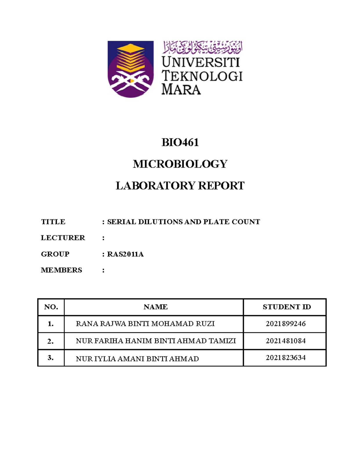 BIO461 LAB Report 3: Serial Dilutions & Plate Count Analysis - Studocu