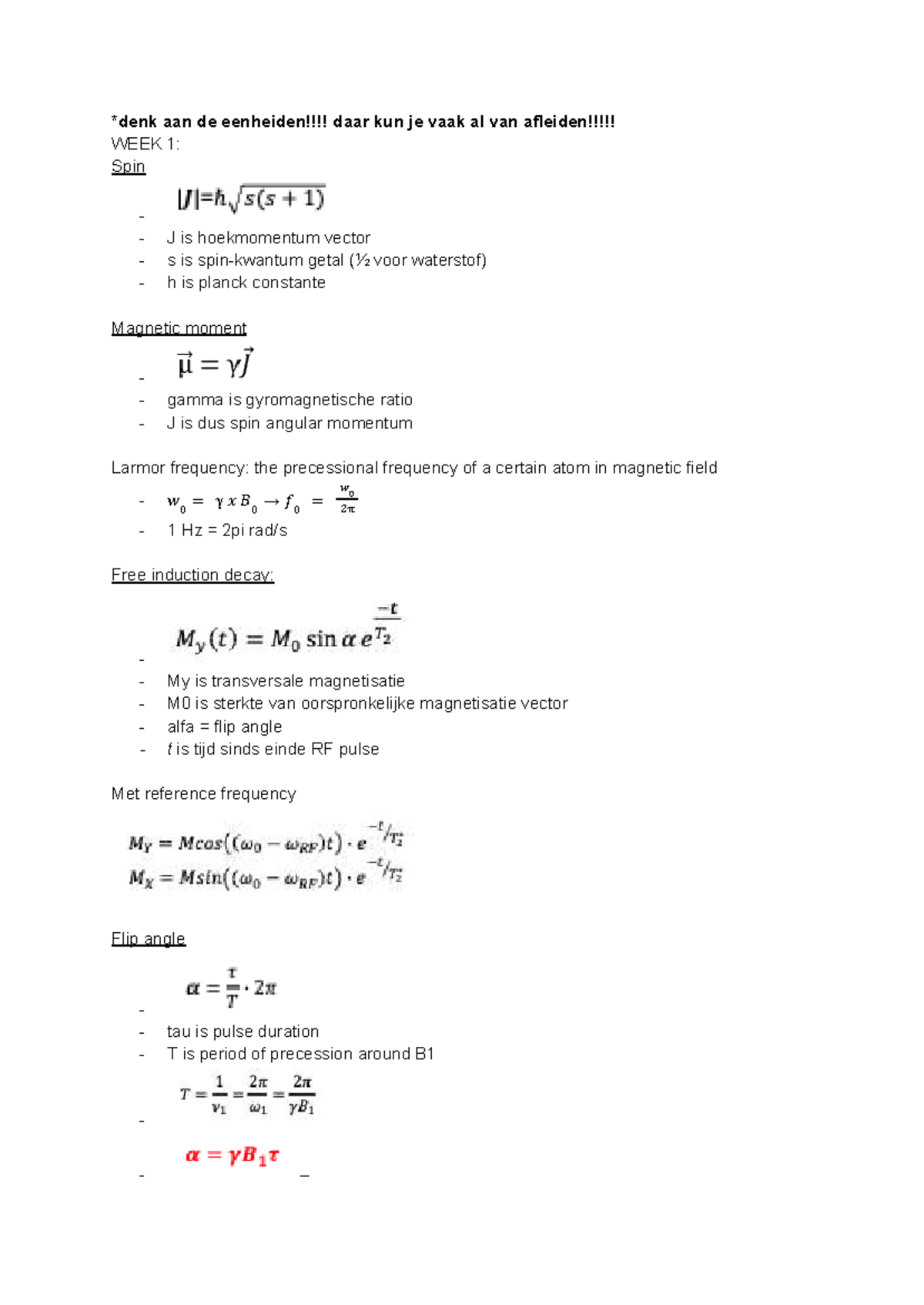 MRI Formules en Concepten - WEEK 1 Samenvatting - Studeersnel