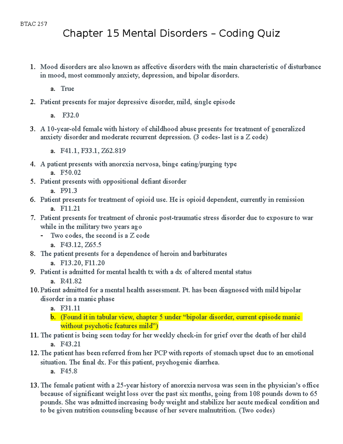 Ch 15 Coding exam - mental disorders - BTAC 257 Chapter 15 Mental ...
