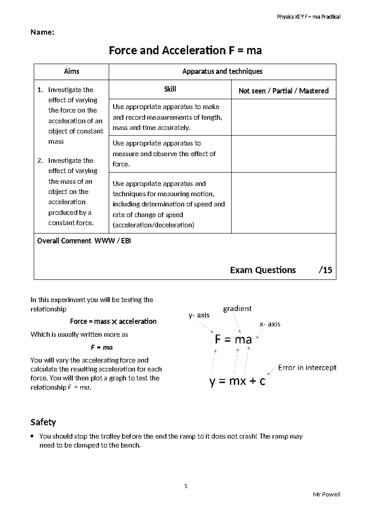 Force and Acceleration Experiment Overview (F = ma) - Practical Guide ...