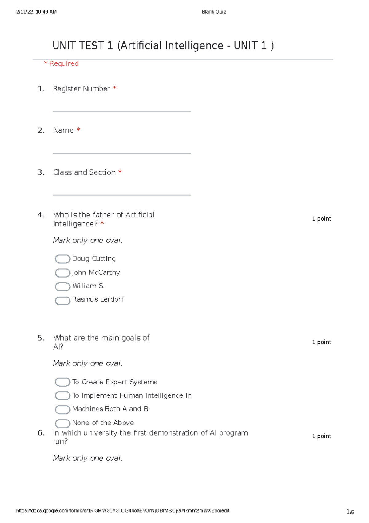 Artificial Intelligence Unit 1 Class Test Questions and Answers - Studocu
