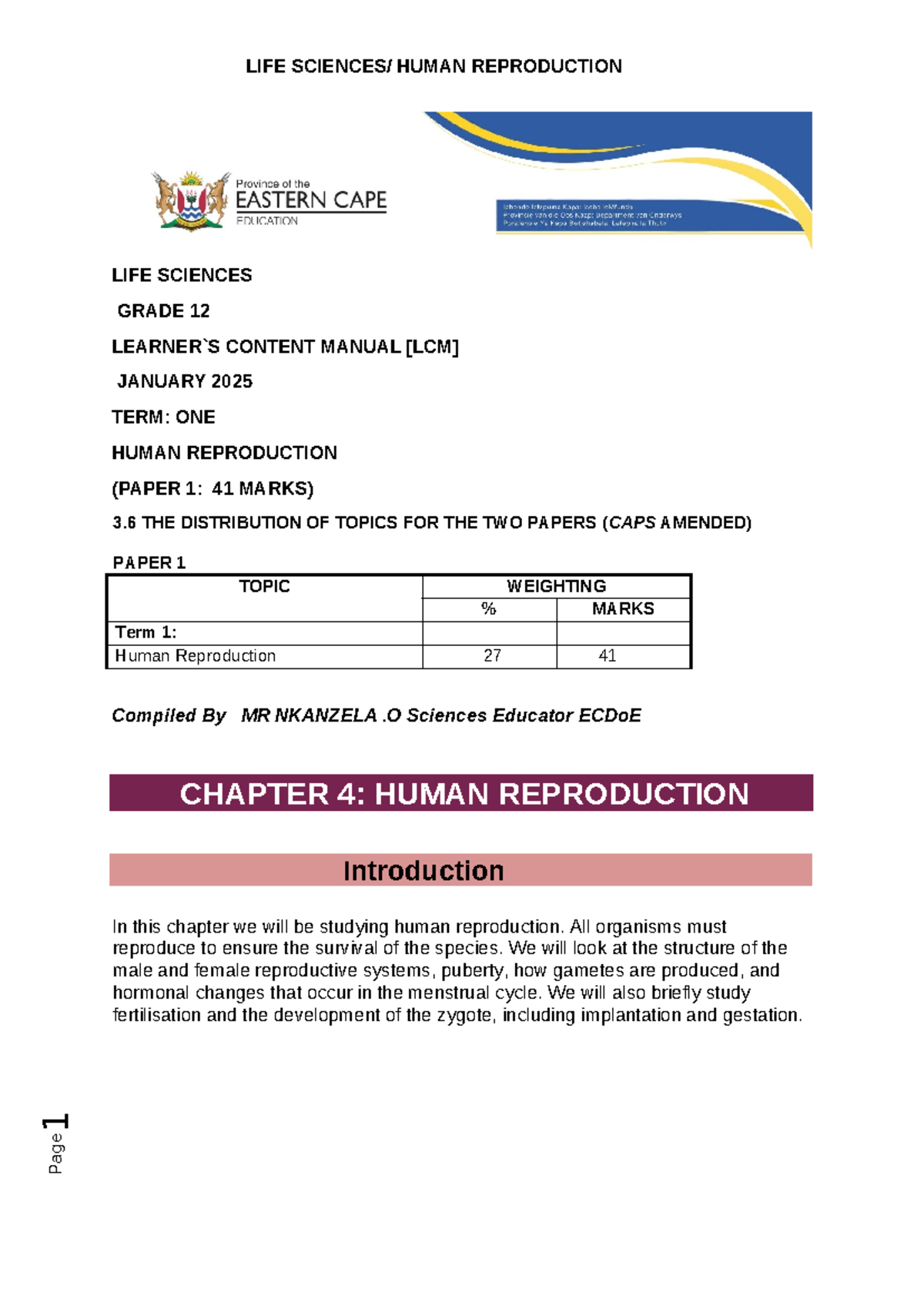 Grade 12 Life Sciences: Human Reproduction (LCM) - Term 1 Content 2025 ...