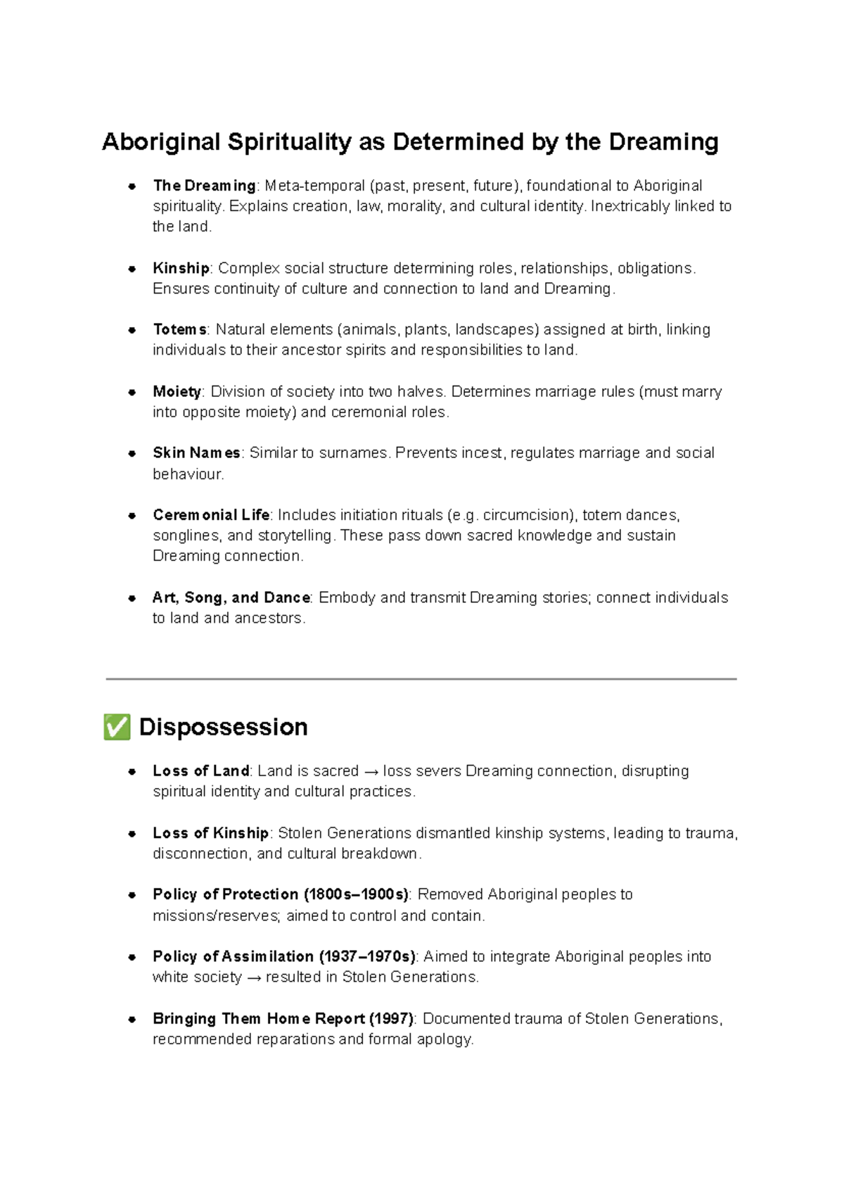 Aboriginal Spirituality & Dreaming: Study Notes for REL101 - Studocu
