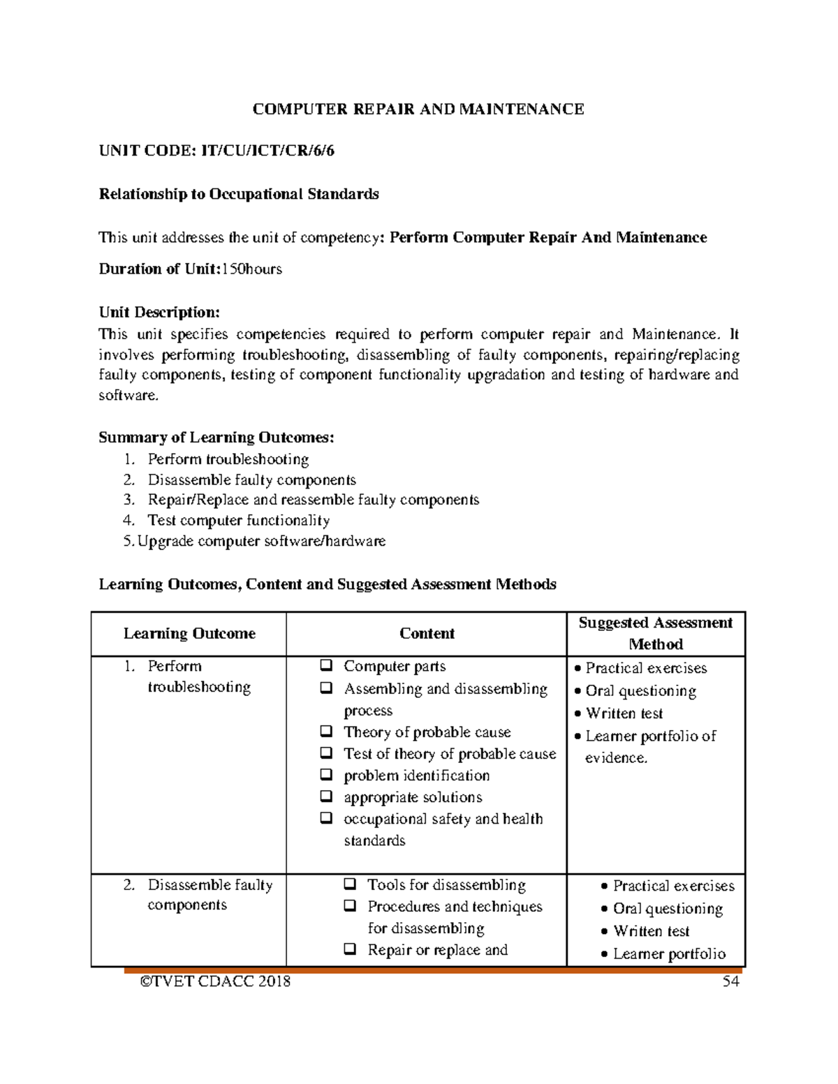 Computer Repair & Maintenance: ICT Technician Level 6 Unit IT/CU/ICT/CR ...