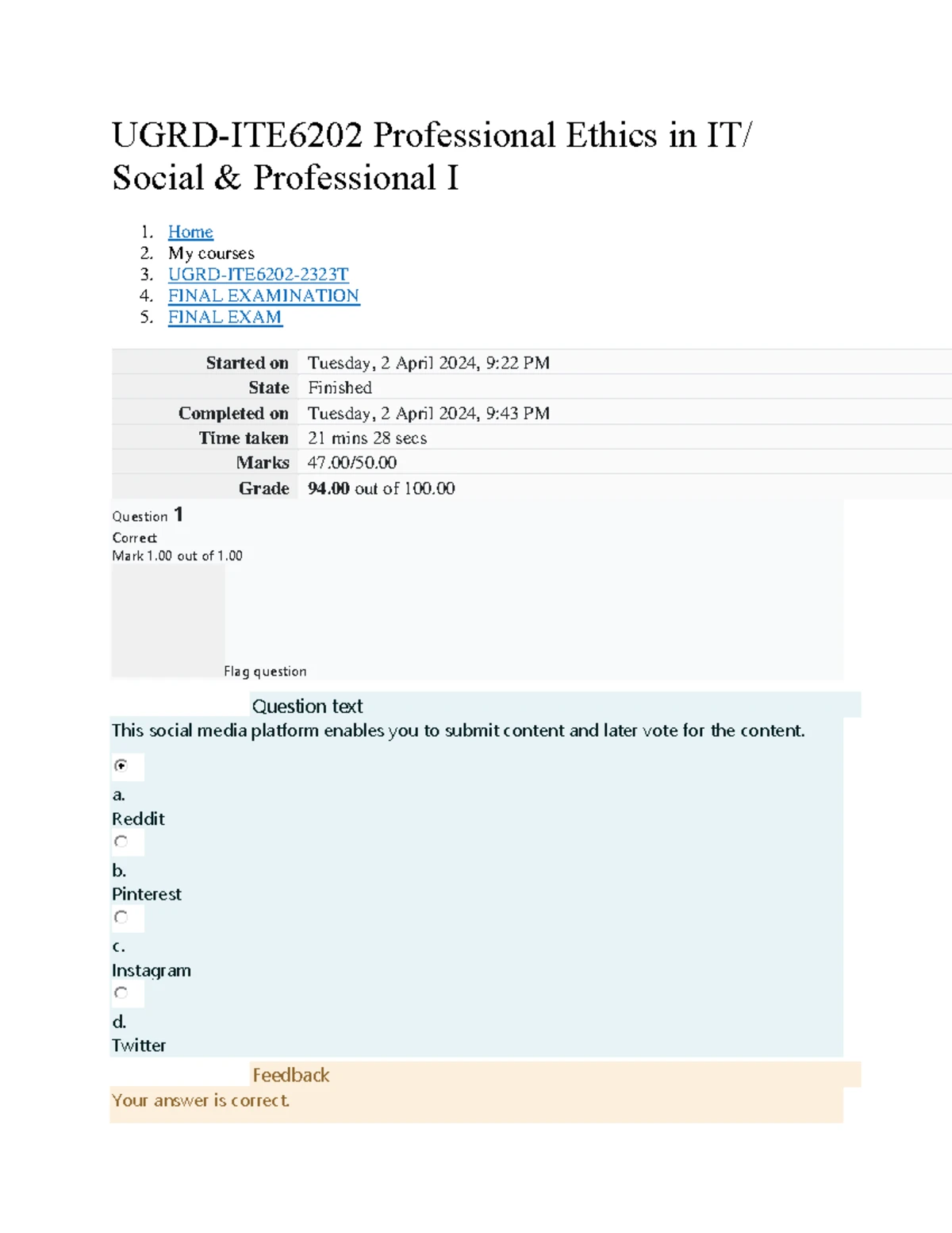 UGRD-ITE6202 Professional Ethics Final Exam Review Notes - Studocu