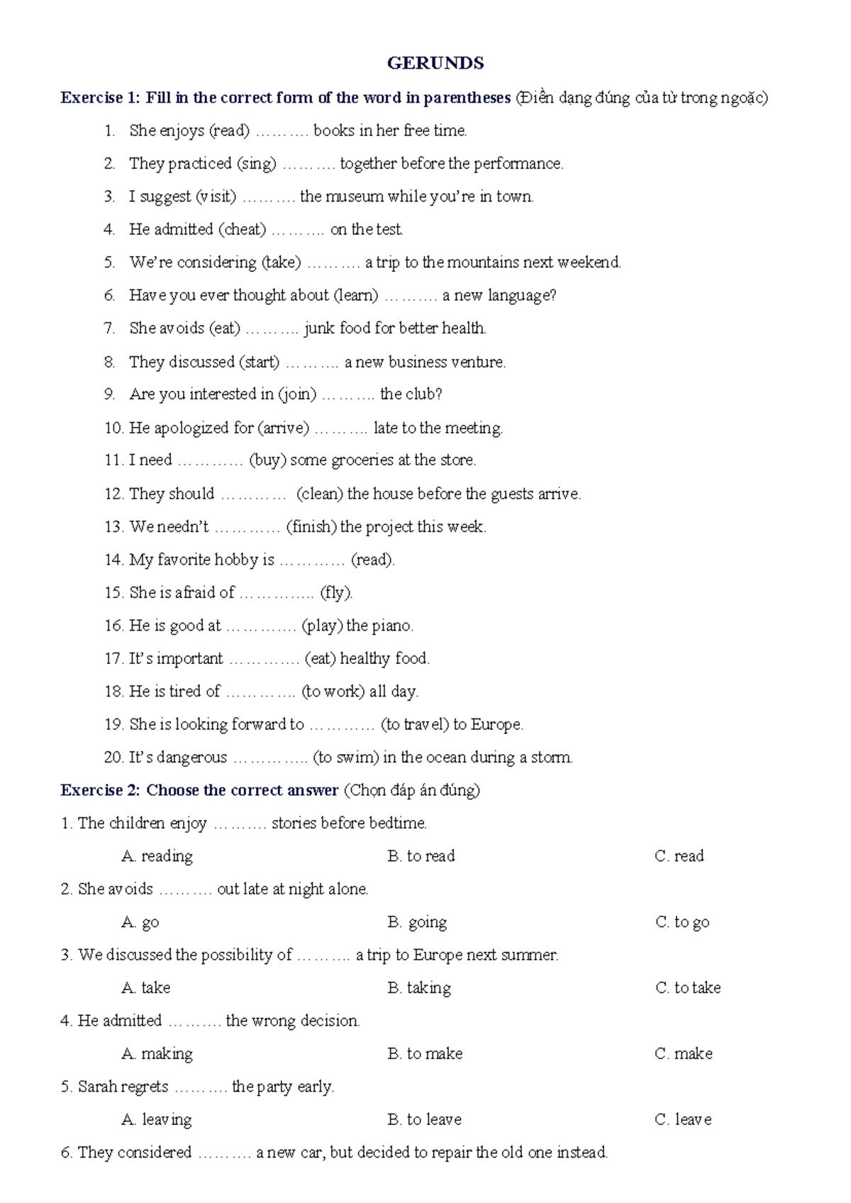 Gerunds exercises: Fill in the correct form of the word (GER 101) - Studocu