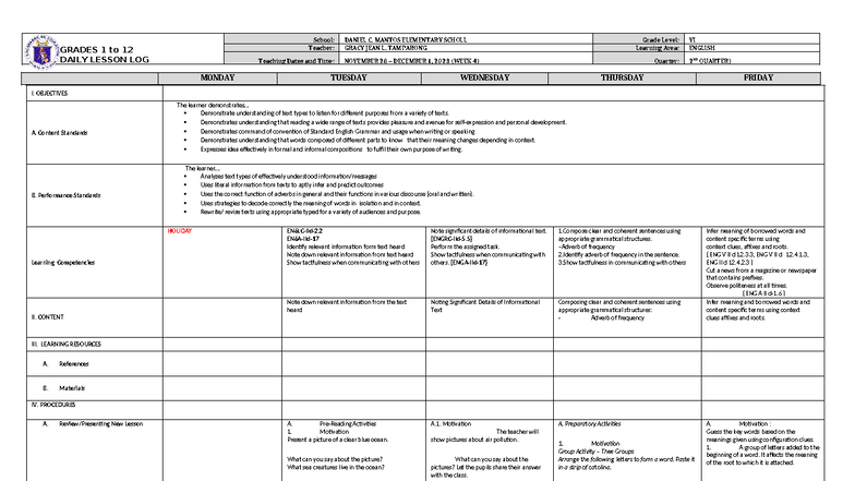 DLL English 6 Q2 W4: Daily Lesson Log for Nov 28 - Dec 1, 2023 - Studocu