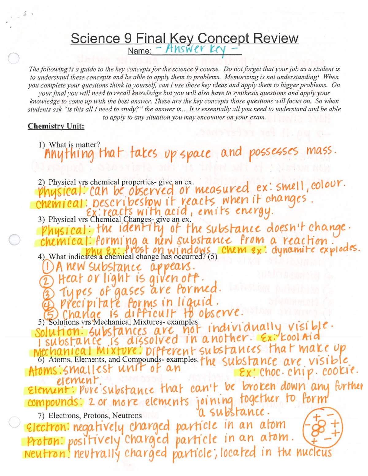 Sci 9 Final Exam Review Key - Science 9 Final Key Concept Review Name ...