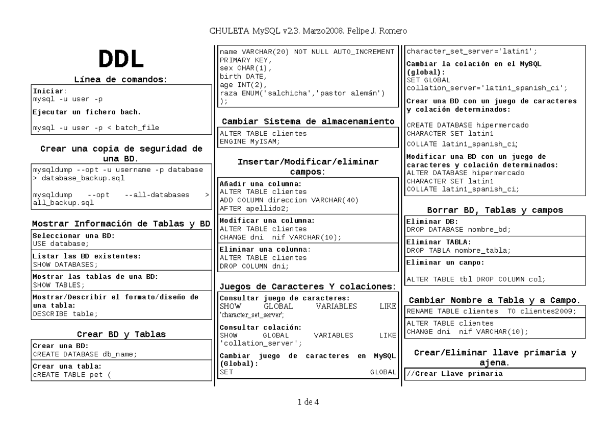 Chuleta MySQL 2 - Notas Completas sobre DDL y DML - Studocu