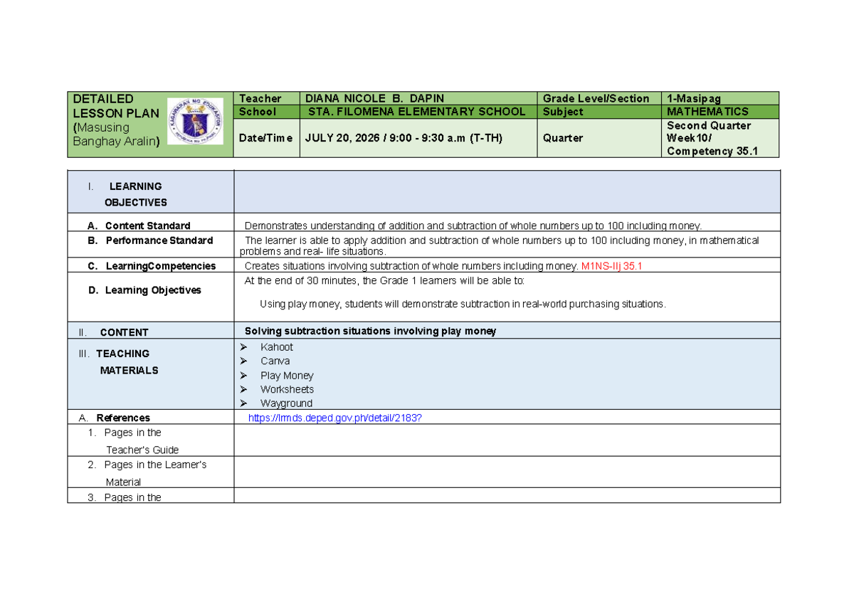 Super Final Lesson Plan - MATHEMATICS for Grade 1 - Studocu